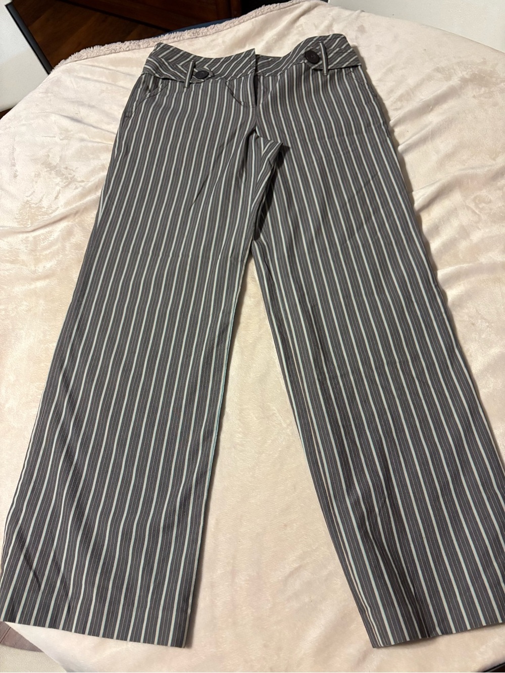 Ann Taylor LOFT Gray Pinstripe Wide-Leg Pants with Button Waist Tabs